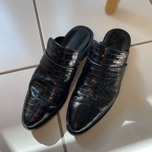 Freda Salvador Black Croc Embossed Leather Mule